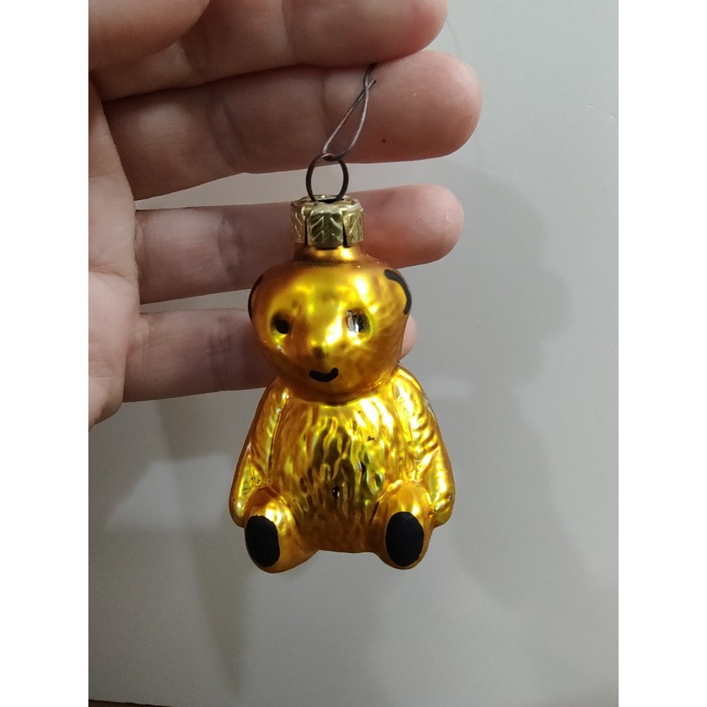 2" GLASS GOLDEN BEAR GLITTER MCM CHRISTMAS TREE ORNAMENT MERCURY RETRO VTG Z16